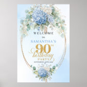 Soft Blue Botanical Gold 90th birthday welcome ポスター (正面)