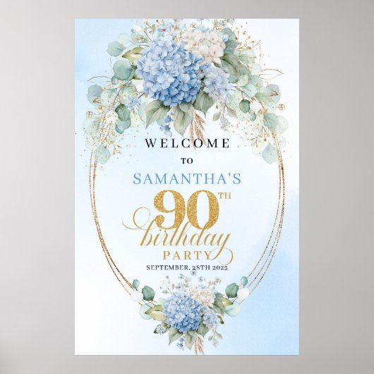 Soft Blue Botanical Gold 90th birthday welcome ポスター (正面)