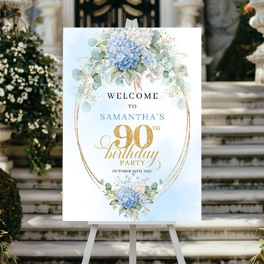 Soft Blue Botanical Gold 90th birthday welcome ポスター