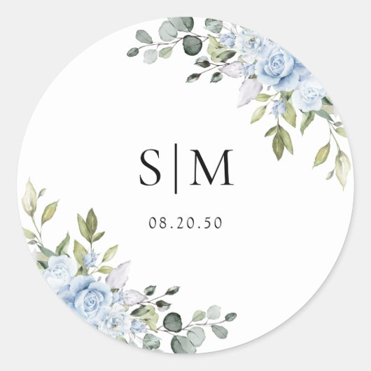 Soft Blue Botanical Wedding Classic Round Sticker ラウンドシール (正面)