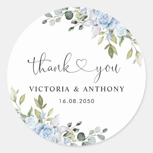 Soft Blue Botanical Wedding Classic Round Sticker ラウンドシール (正面)