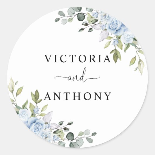 Soft Blue Botanical Wedding Classic Round Sticker ラウンドシール (正面)