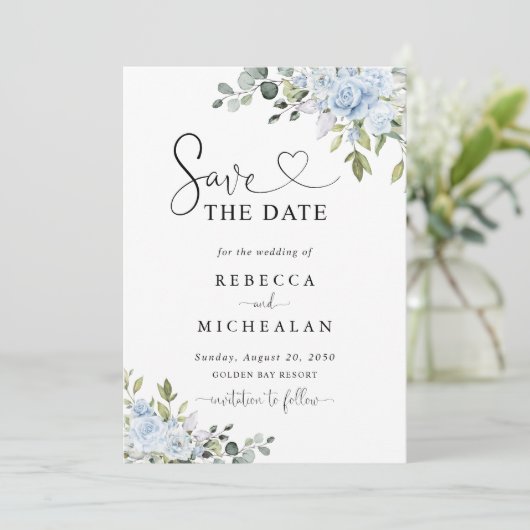 Soft Blue Botanical Wedding Save The Date 招待状 (スタンド正面)