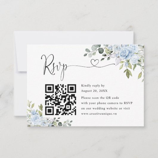 Soft Blue Botanical Wedding Website QR Code RSVP (正面)