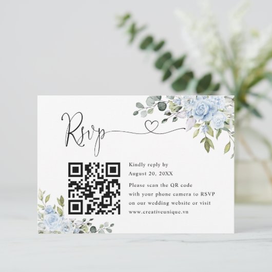 Soft Blue Botanical Wedding Website QR Code RSVP (スタンド正面)