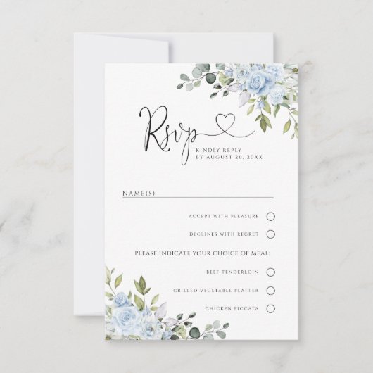 Soft Blue Botanical Wedding With Meal Choice RSVP  (正面)