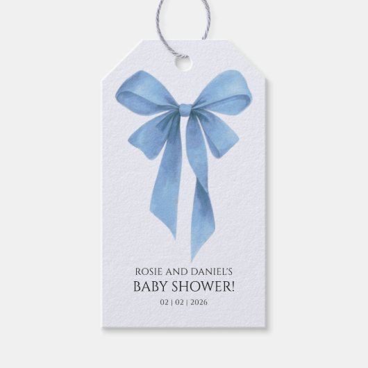 Soft Blue Bow Boy Baby Shower ギフトタグ (正面)