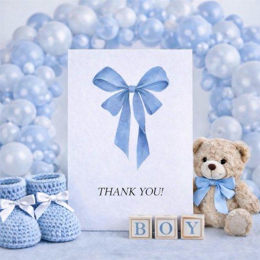 Soft Blue Bow Boy Baby Shower サンキューカード