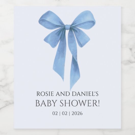 Soft Blue Bow Boy Baby Shower ワインラベル (シングルラベル)