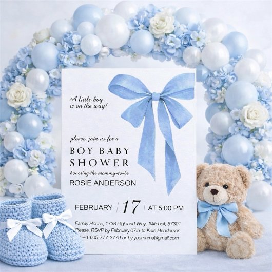 Soft Blue Bow Boy Baby Shower 招待状