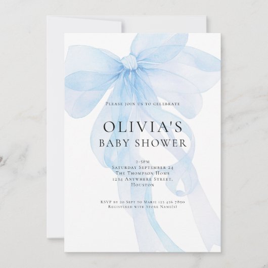 Soft Blue Bow Text Overlay Baby Shower 招待状 (正面)