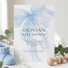Soft Blue Bow Text Overlay Baby Shower 招待状