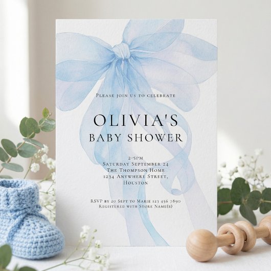 Soft Blue Bow Text Overlay Baby Shower 招待状