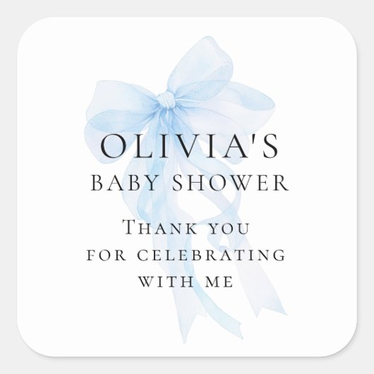 Soft Blue Bow Text Thank You Baby Shower スクエアシール (正面)