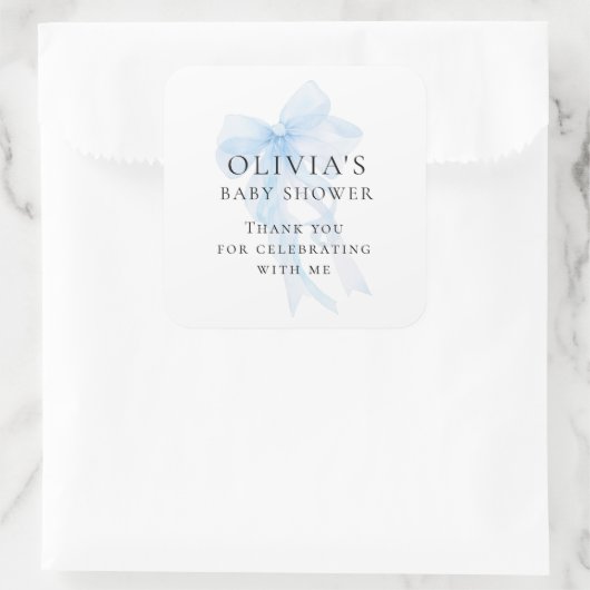 Soft Blue Bow Text Thank You Baby Shower スクエアシール (バッグ)