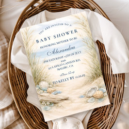 Soft Blue Coastal Baby Shower 招待状