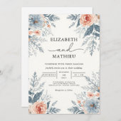 Soft Blue Coral Botanical Wedding 招待状 (正面/裏面)