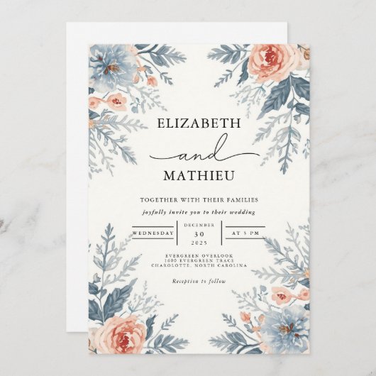 Soft Blue Coral Botanical Wedding 招待状 (正面/裏面)