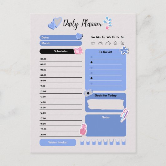 Soft Blue Daily Planner with Mood & Water Track シーズンポストカード (正面)