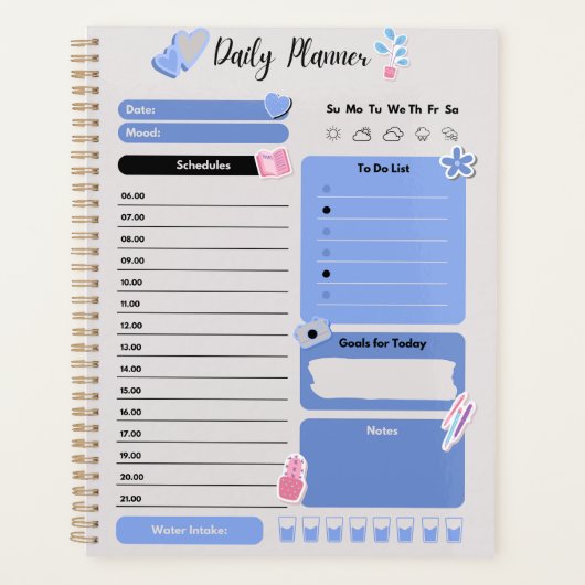 Soft Blue Daily Planner with Mood & Water Track プランナー手帳 (正面)