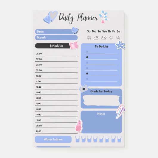 Soft Blue Daily Planner with Mood & Water Track ポストイット (正面)