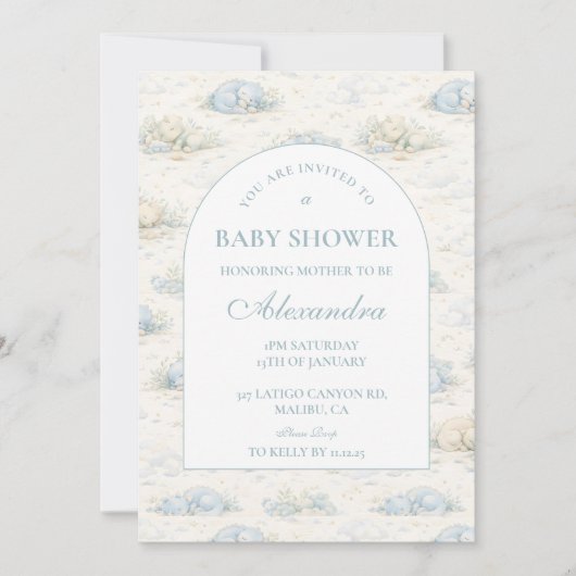 Soft Blue Dino Baby Shower 招待状 (正面)