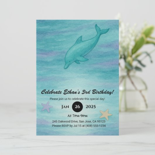 Soft Blue Dolphin & Starfish Ocean Birthday  招待状 (スタンド正面)