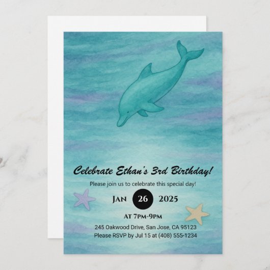 Soft Blue Dolphin & Starfish Ocean Birthday  招待状 (正面/裏面)