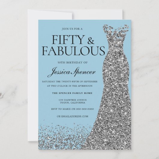 Soft Blue Elegance 50th Birthday Party 招待状 (正面)