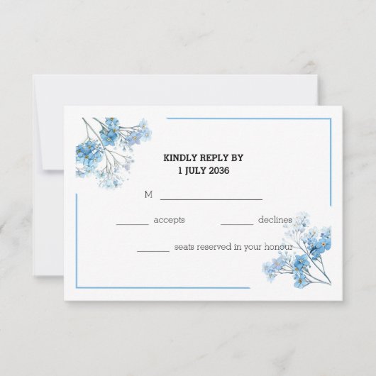 Soft Blue Elegant Watercolor Flowers Wedding RSVP (正面)