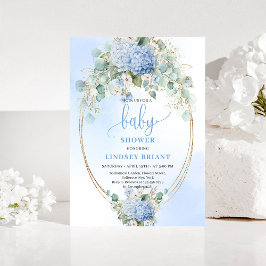 Soft Blue Floral Baby Shower Invitation Gold 招待状
