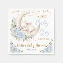 Soft Blue Floral Bunny Rabbit Baby Boy Shower スタンダードカクテルナプキン