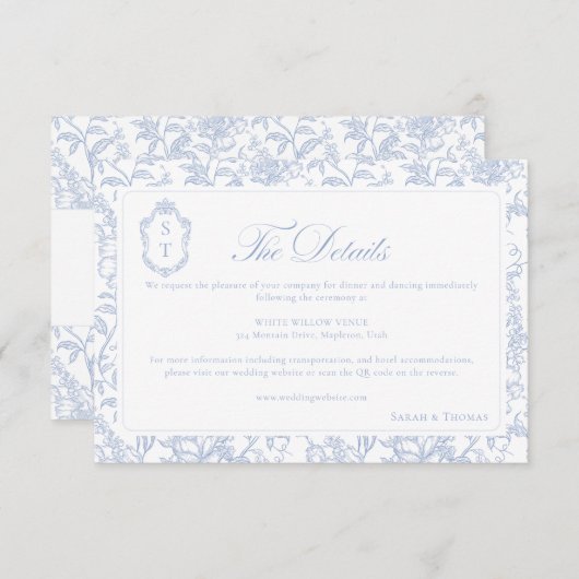 Soft Blue Floral Chinoiserie Details QR code エンクロージャーカード (正面/裏面)