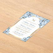 Soft Blue Floral Gold Arch Butterfly Wedding アクリル招待状 (レイダウン)