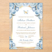 Soft Blue Floral Gold Arch Butterfly Wedding アクリル招待状 (正面)
