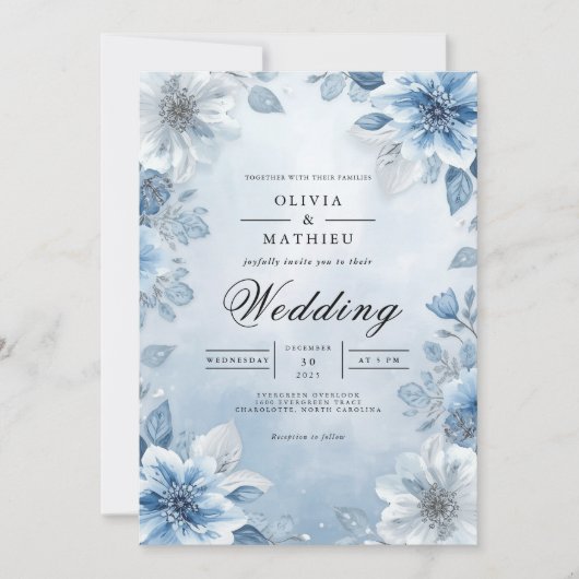 Soft Blue Floral Watercolor Wedding 招待状 (正面)