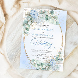 Soft Blue Floral Wheat Gold Oval Wedding Invite 招待状