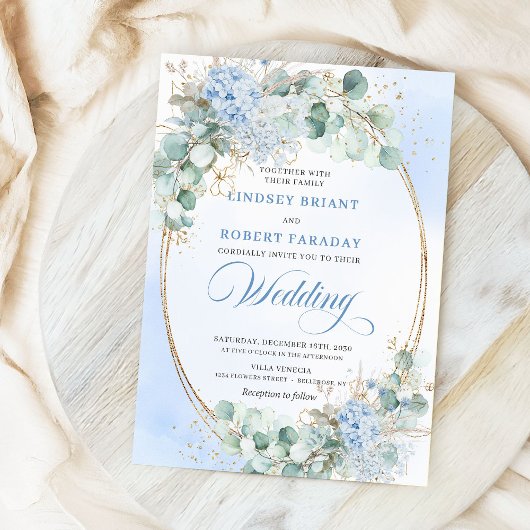 Soft Blue Floral Wheat Gold Oval Wedding Invite 招待状
