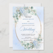 Soft Blue Floral Wheat Gold Oval Wedding Invite 招待状 (正面)