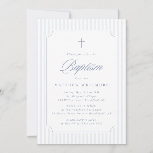 Soft Blue-Gray Striped Baptism Invitation 招待状 (正面)