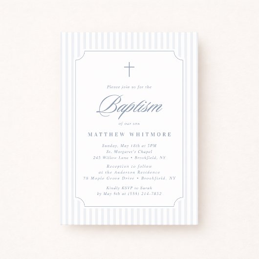 Soft Blue-Gray Striped Baptism Invitation 招待状