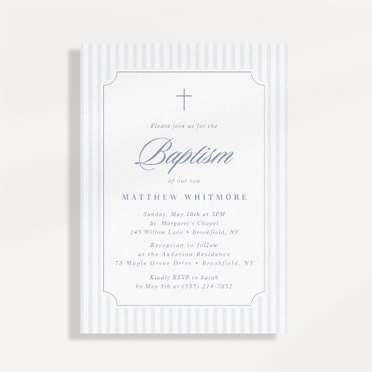 Soft Blue-Gray Striped Baptism Invitation 招待状