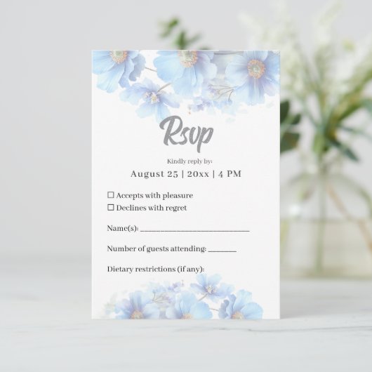 Soft Blue Himalayan Poppy Flower Garden Wedding  出欠カード (スタンド正面)