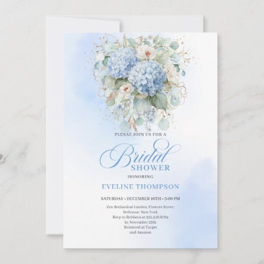 Soft Blue Hydrangea Gold Bridal Shower Invitation 招待状 (正面)