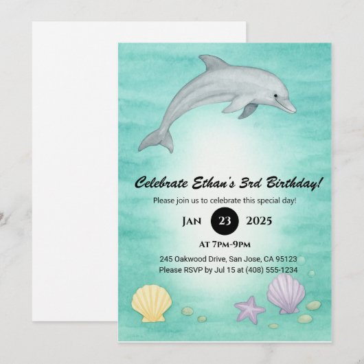 Soft Blue Ocean Dolphin Illustration Birthday  招待状 (正面/裏面)