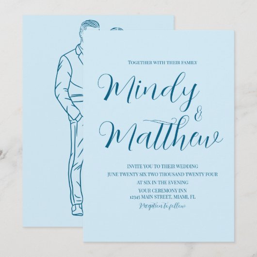 Soft Blue on Blue Couple Wedding Invitation 招待状 (正面/裏面)