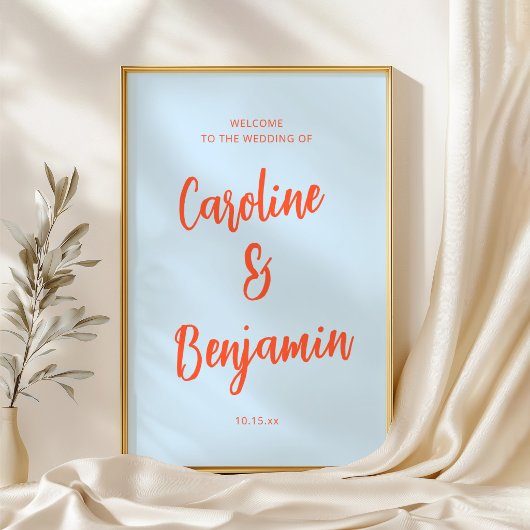 Soft Blue Orange Script NamesWedding Welcome Sign  ポスター