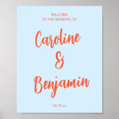 Soft Blue Orange Script NamesWedding Welcome Sign  ポスター (正面)