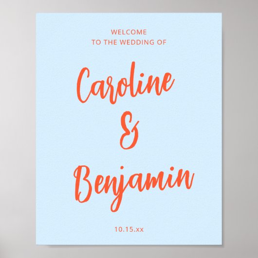 Soft Blue Orange Script NamesWedding Welcome Sign  ポスター (正面)