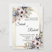 Soft Blue Pink Floral Frame Elegant Wedding Invite 招待状 (正面)